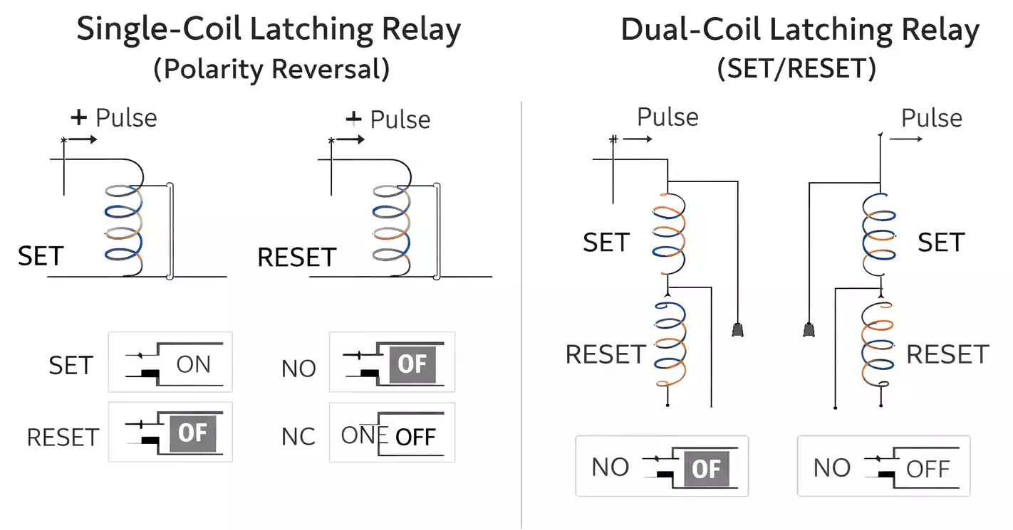 Single-coil polarity reversal vs dual-coil set reset diagram