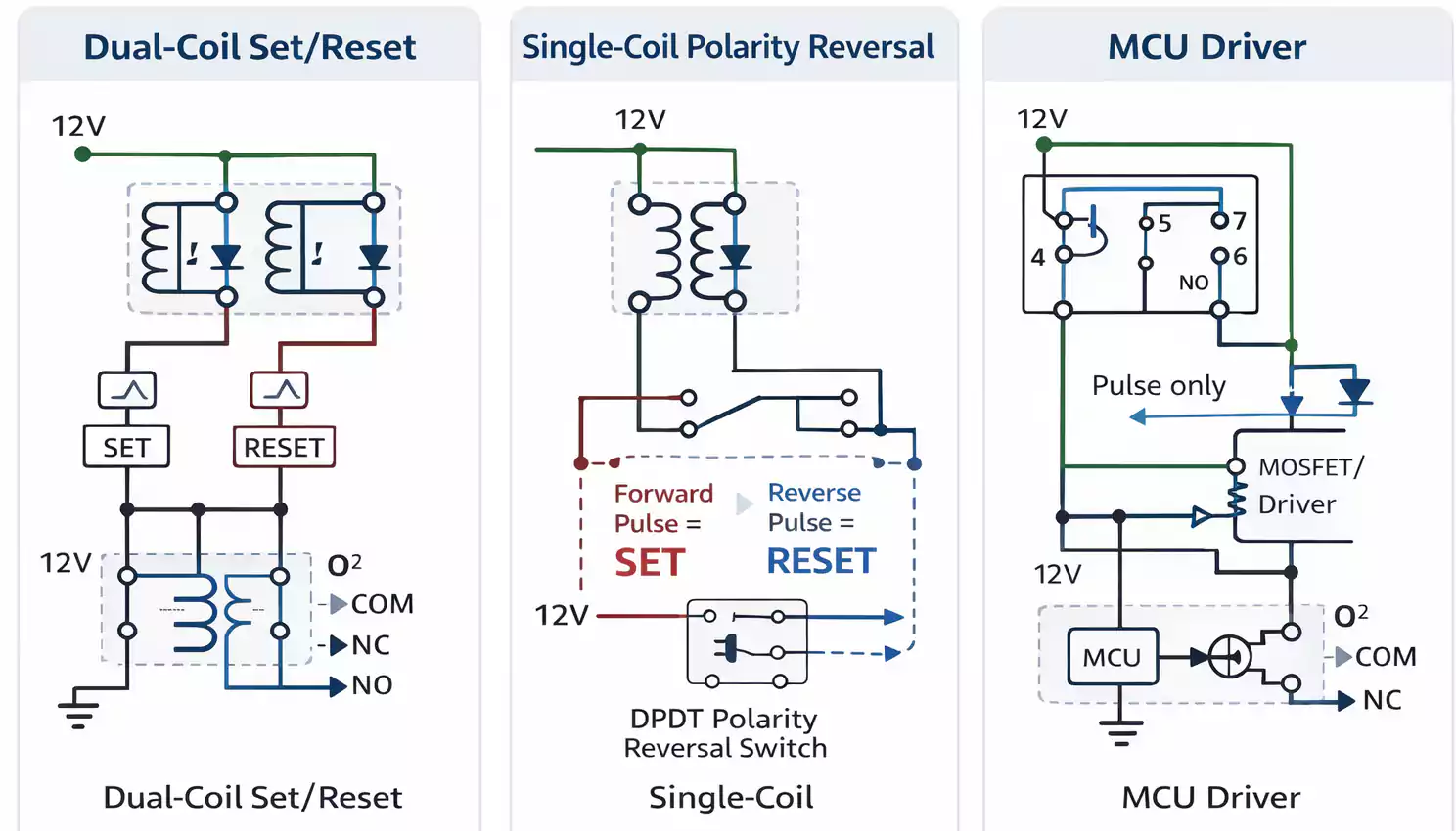 12V latching relay wiring: dual coil, single coil polarity reversal, MCU driver