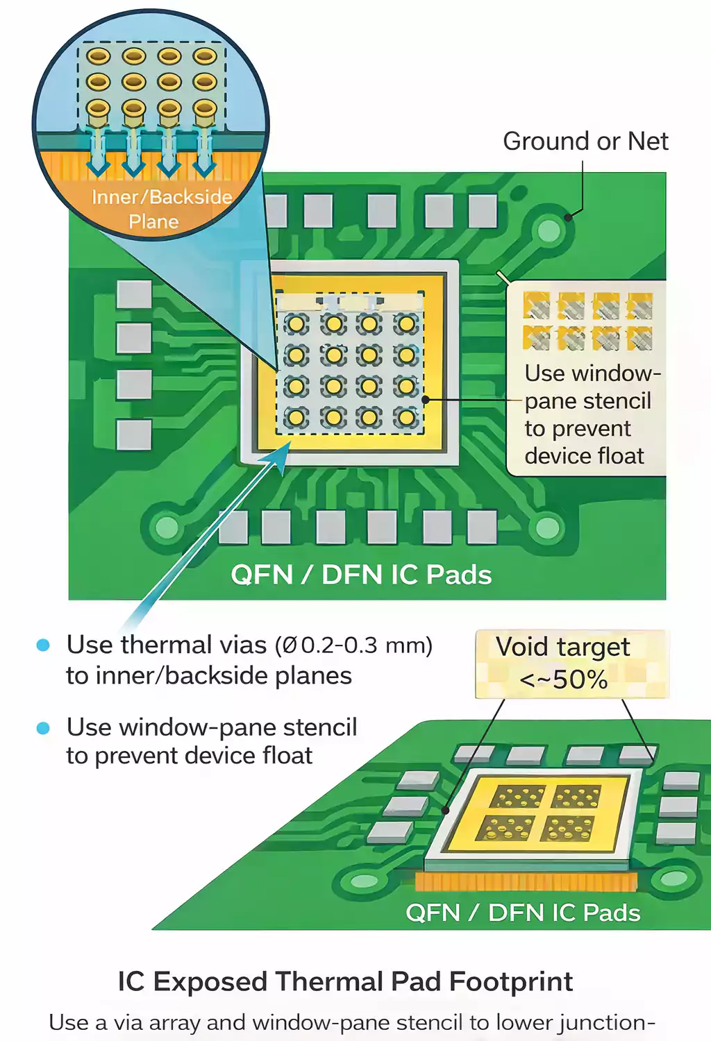 QFN exposed thermal pad with via array and window-pane stencil layout
