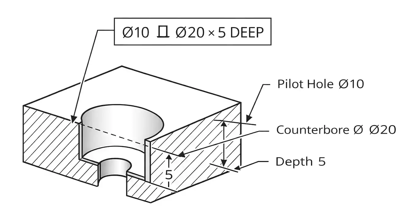 Engineering drawing showing counterbore callout with symbol, diameter, and depth