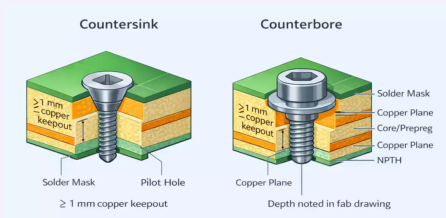 PCB cross-section comparing countersink and counterbore with copper keepout notes