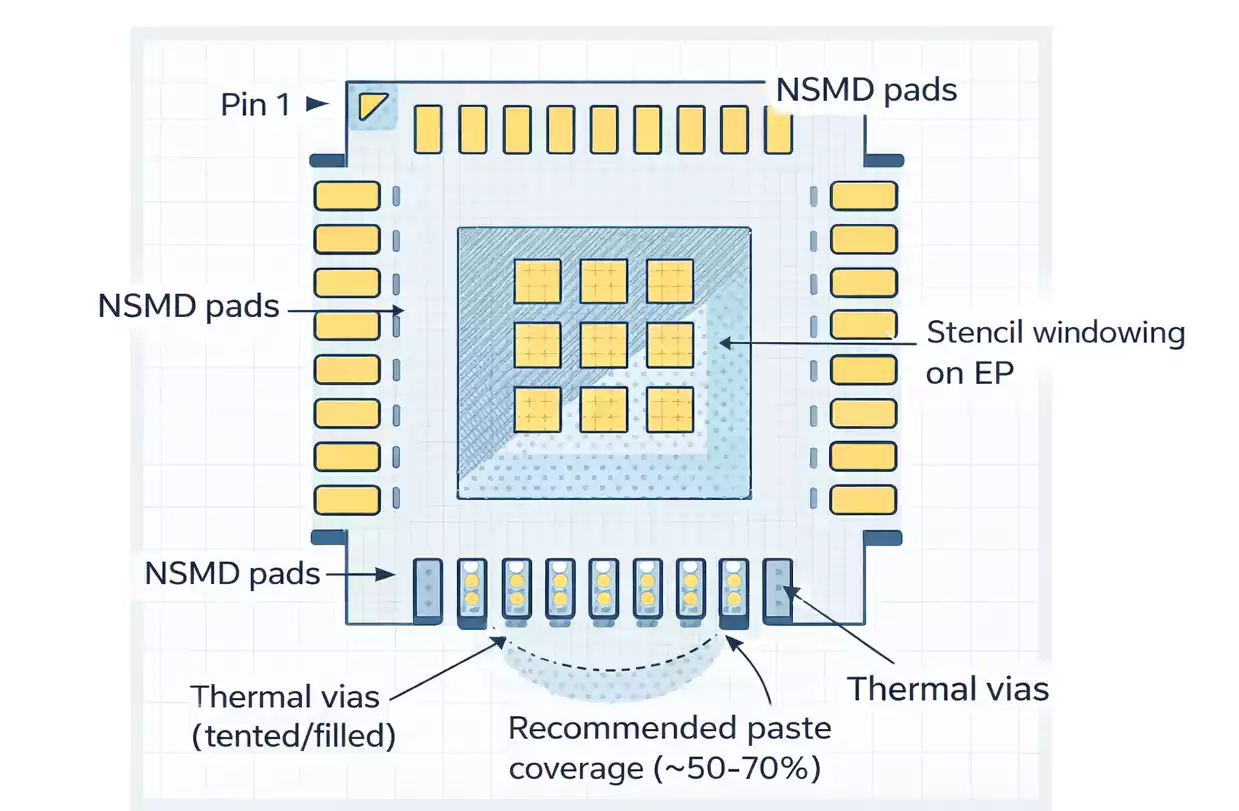 QFN footprint with NSMD pads and windowed EP stencil