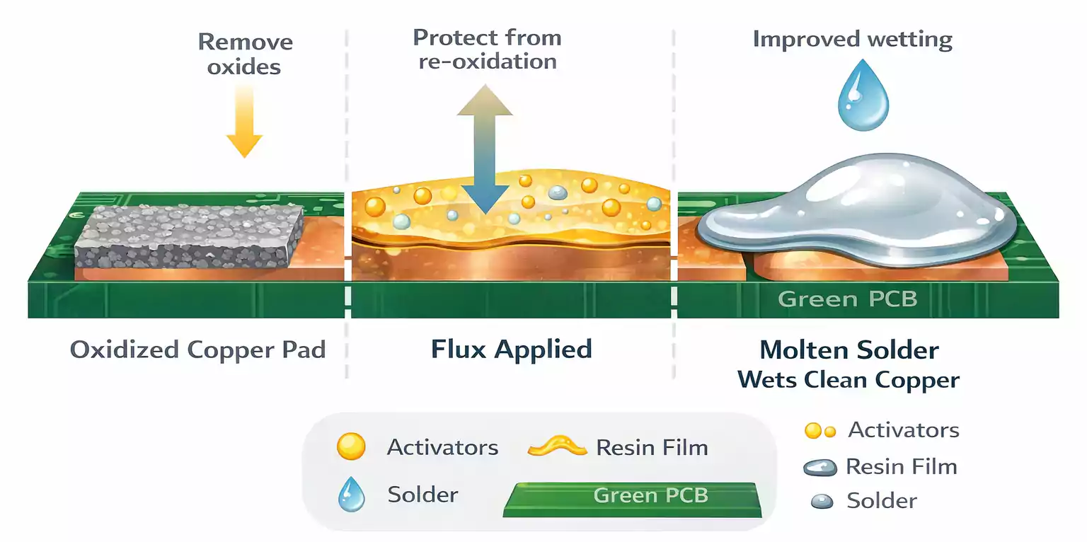 Diagram showing flux removing oxides and helping solder wet a copper pad.