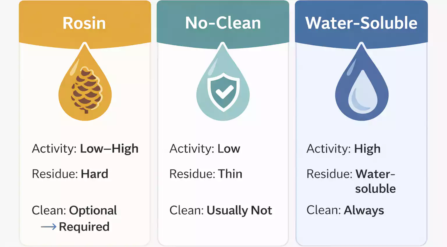 Comparison of rosin, no-clean, and water-soluble flux with cleaning needs.