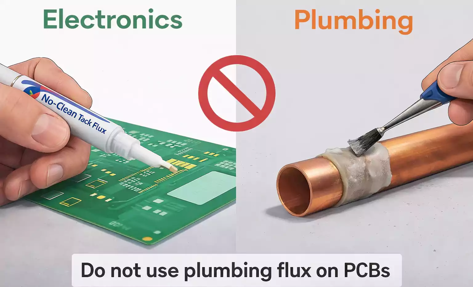 PCB flux pen vs plumbing flux on a copper pipe with a do-not-mix warning.