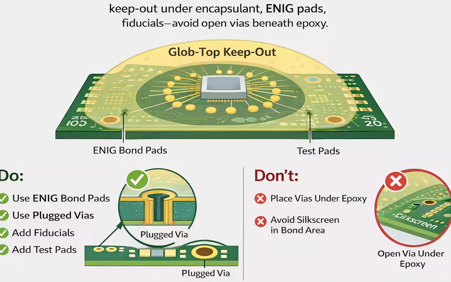 COB PCB DFM diagram showing glob-top keep-out, ENIG bond pads, plugged vias, and no open vias under epoxy