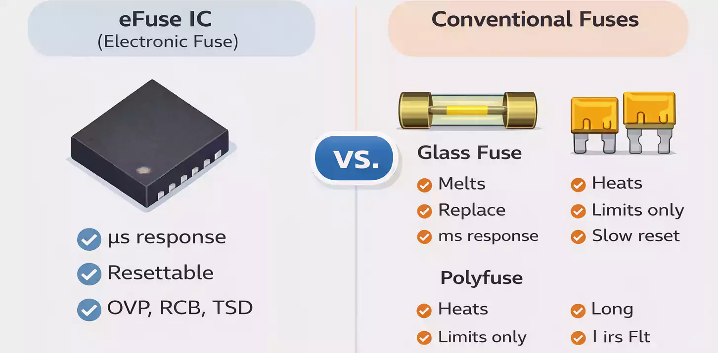 eFuse IC vs glass fuse and polyfuse comparison