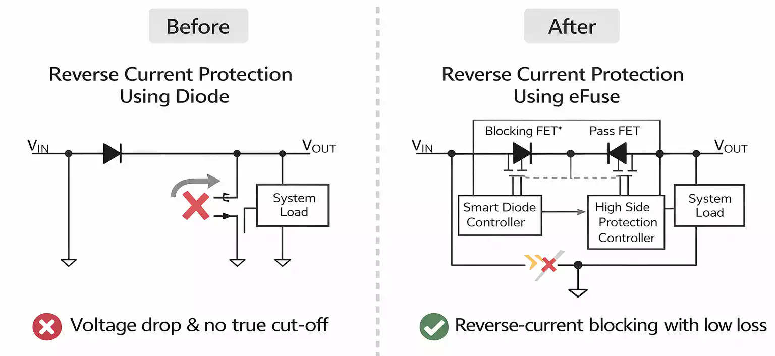 Reverse current protection using diode versus eFuse