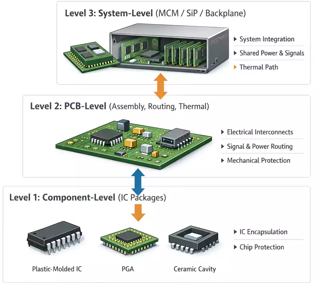 Hierarchy of electronic packaging levels from component to PCB to system.