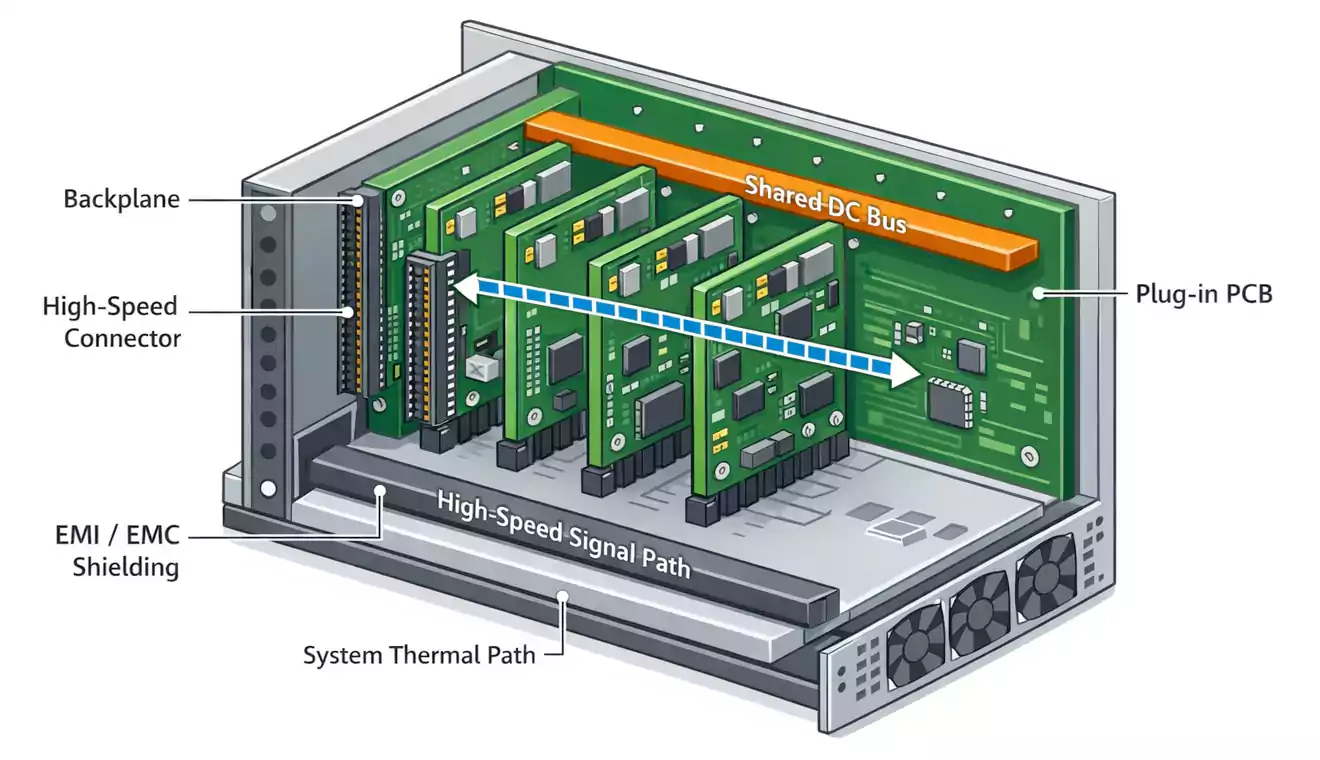 System-level electronic packaging with backplane, plug-in PCBs, and shared DC bus.