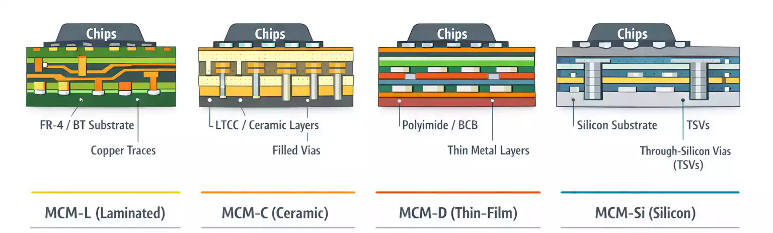 MCM types comparison: MCM-L laminated, MCM-C ceramic, MCM-D thin-film, and MCM-Si silicon substrate.