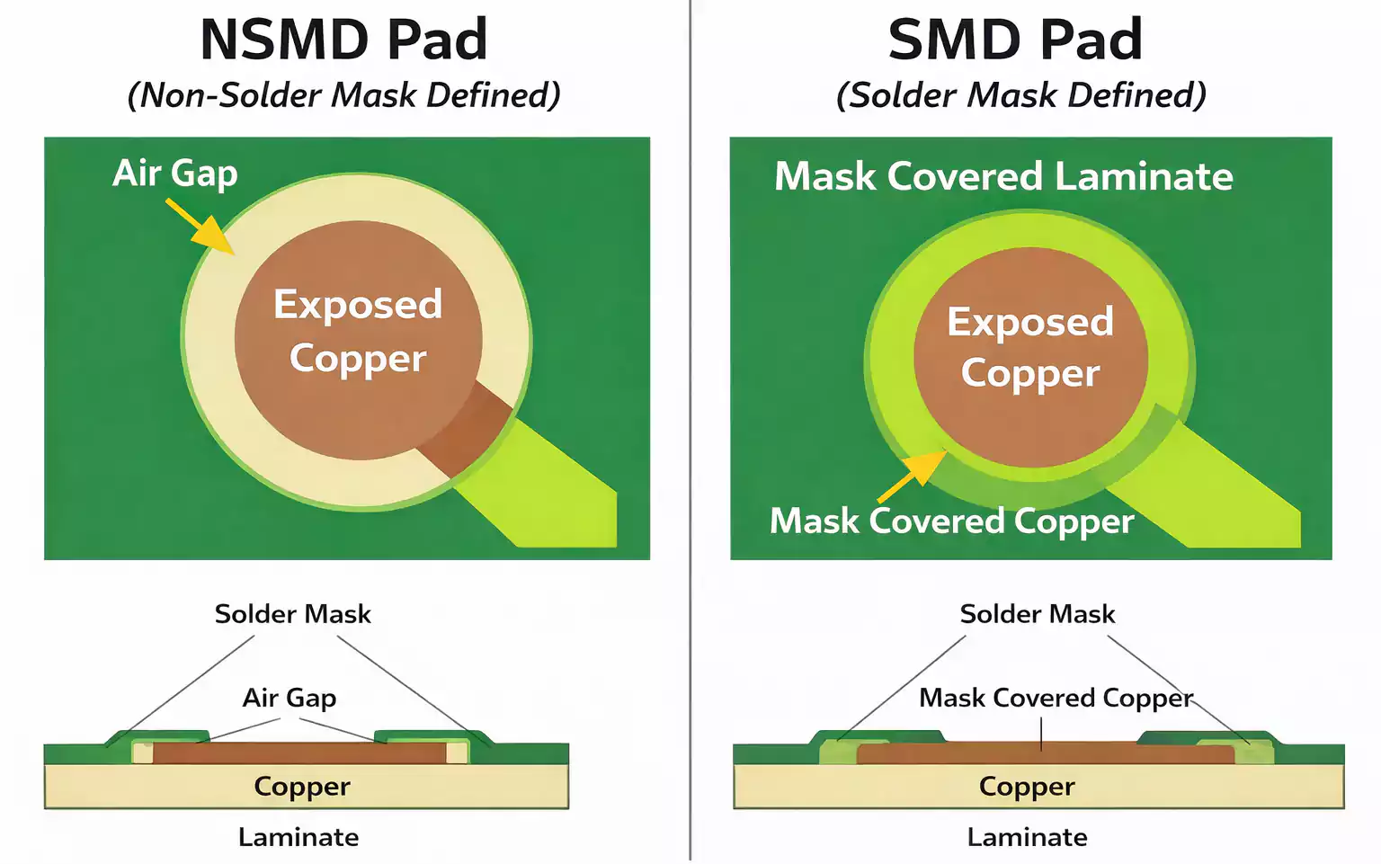 NSMD vs SMD pad comparison with top and cross-section views