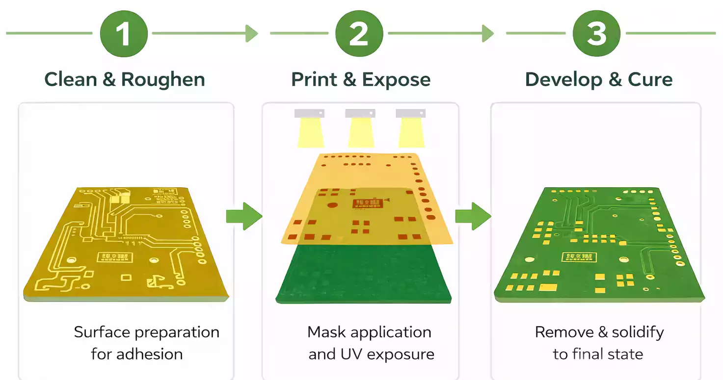 LPI solder mask process steps—clean and roughen, print and expose, develop and cure