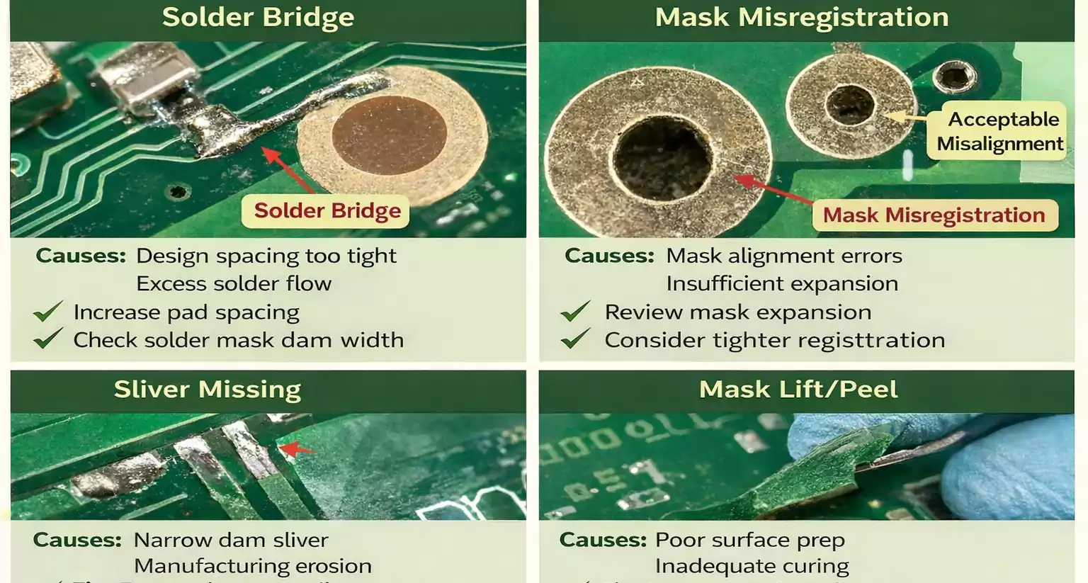 Common solder mask defects—solder bridge, misregistration, sliver missing, mask peel—with fixes