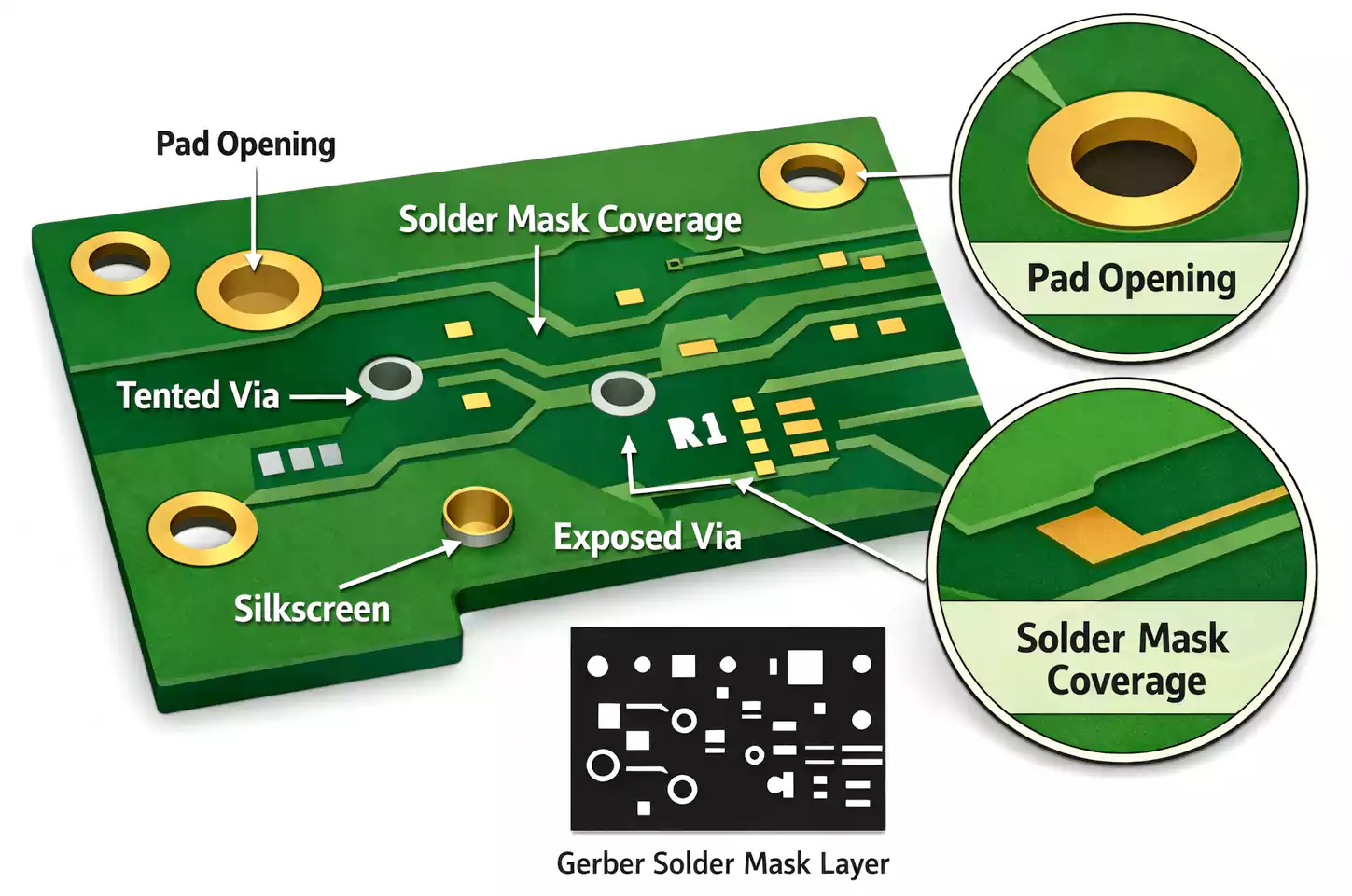 PCB overview showing solder mask coverage, pad openings, tented and exposed vias