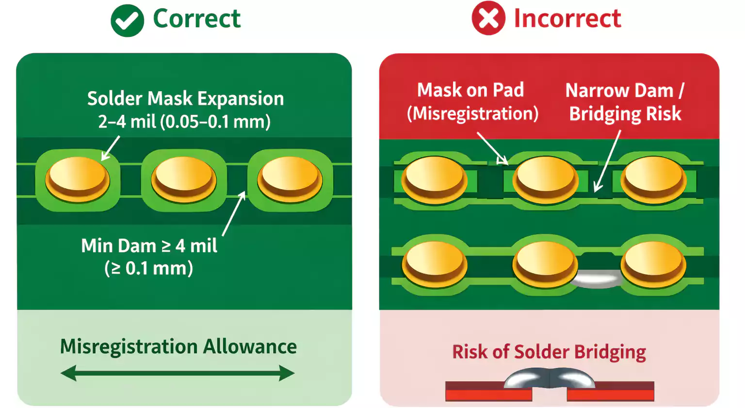DFM diagram comparing correct mask expansion and minimum 4 mil dam versus errors