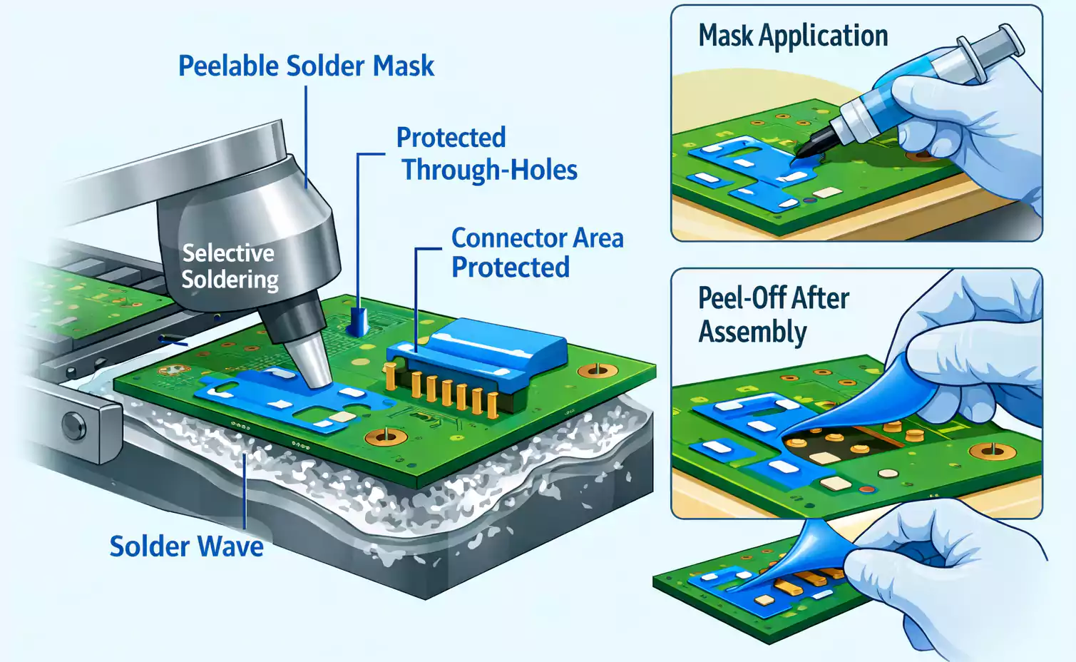 Peelable solder mask applied for selective soldering with application and peel-off