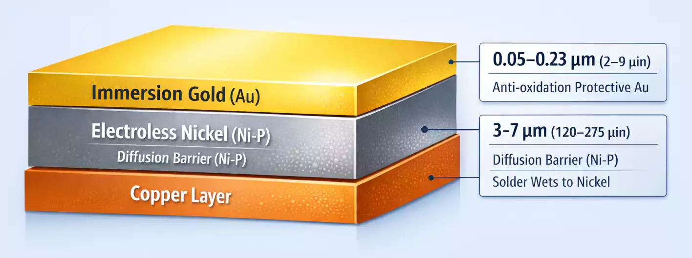 ENIG layer stack: copper, electroless nickel, thin immersion gold with thickness.