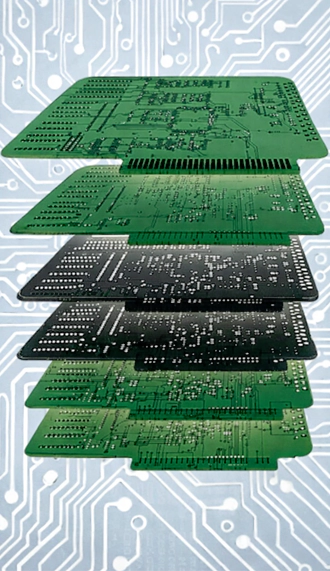 Multilayer PCB stackup showing laminated layers.