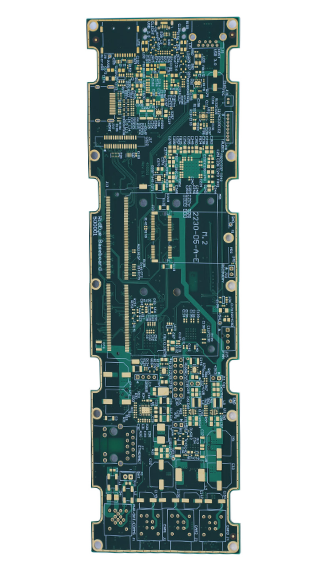 High-density multilayer PCB board with fine routing and vias.