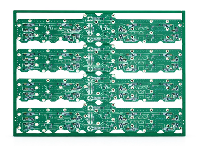 RF microwave PCB panel showing controlled-impedance layout for high-frequency signal integrity