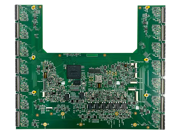 Custom printed circuit board (PCB) for custom PCB manufacturing services, showing a complex board layout and connectors.