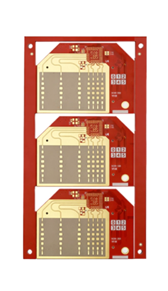 Vertical array of red and gold custom PCBs with precision trace layout and plated finish.