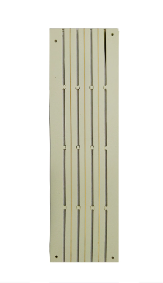 Unpopulated bare PCB panel with long routed slots and copper traces, ready for assembly.