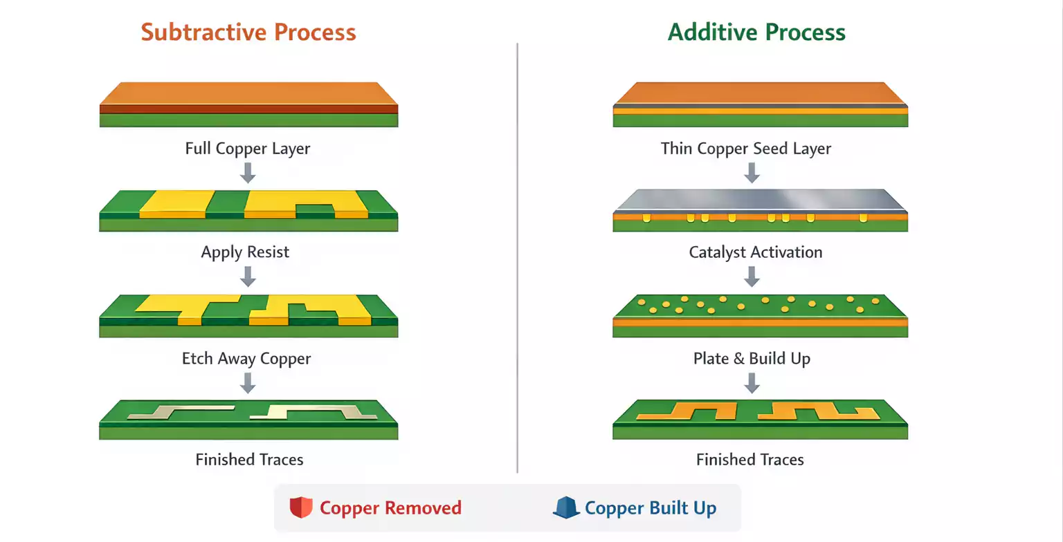 Diagram comparing subtractive and additive PCB patterning steps