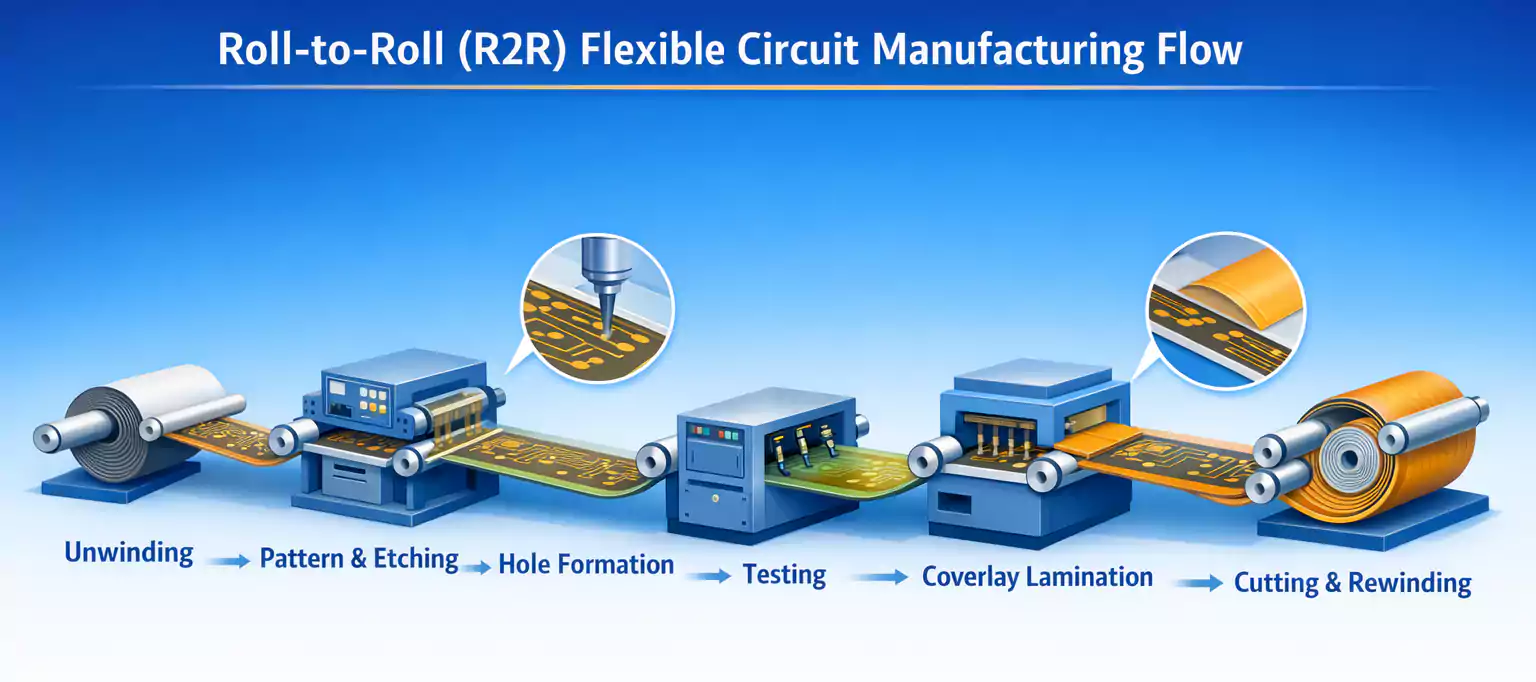 Roll to roll flexible circuit manufacturing flow from unwinding to cutting and rewinding