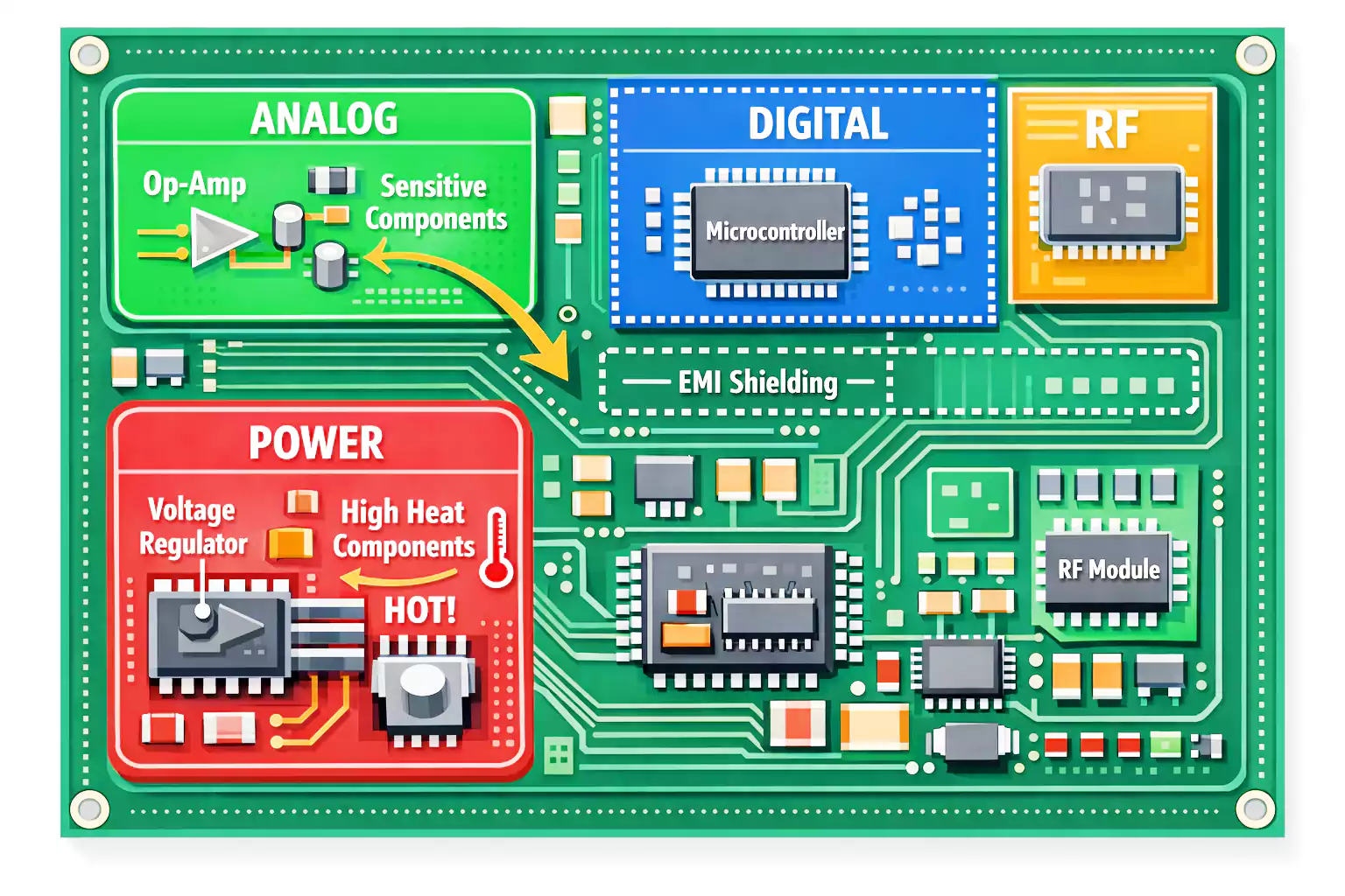 PCB component placement zones for analog digital power and RF