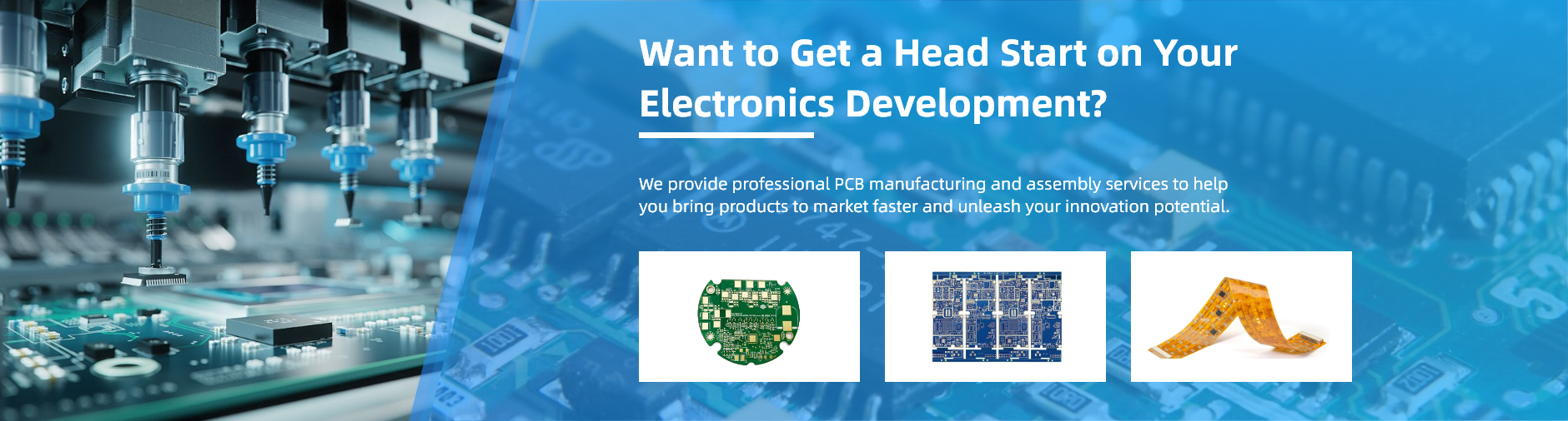 PCB assembly service banner with SMT machine and PCB product display