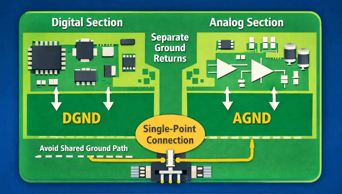 Separate analog and digital grounds with a single-point connection