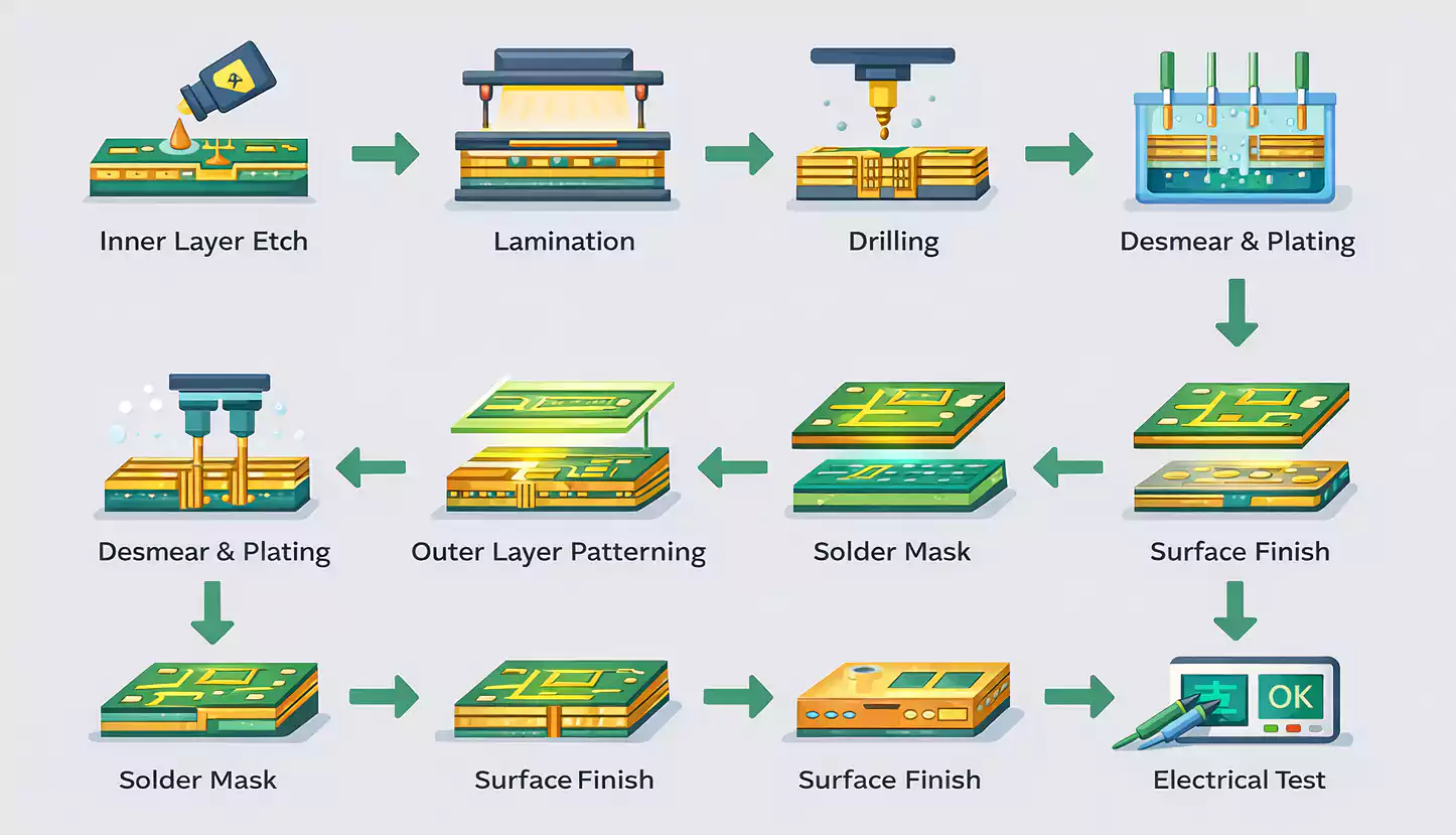 multilayer PCB fabrication steps flowchart