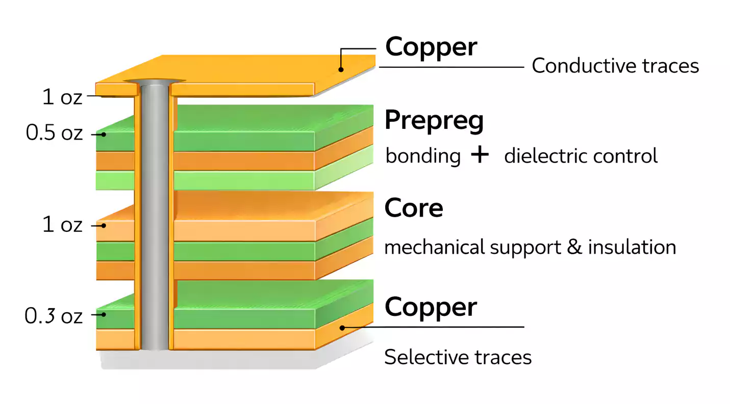 Cross section of a multilayer PCB showing copper, prepreg and core layers with a through-hole via.