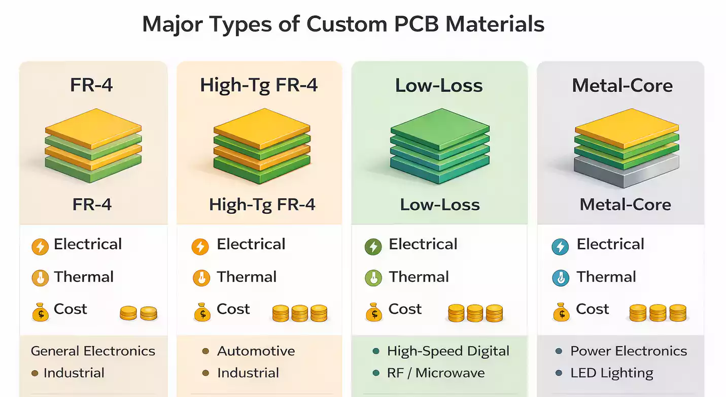 Overview of the major custom PCB material types: FR-4, High-Tg FR-4, low-loss and metal-core, with basic electrical, thermal and cost notes.