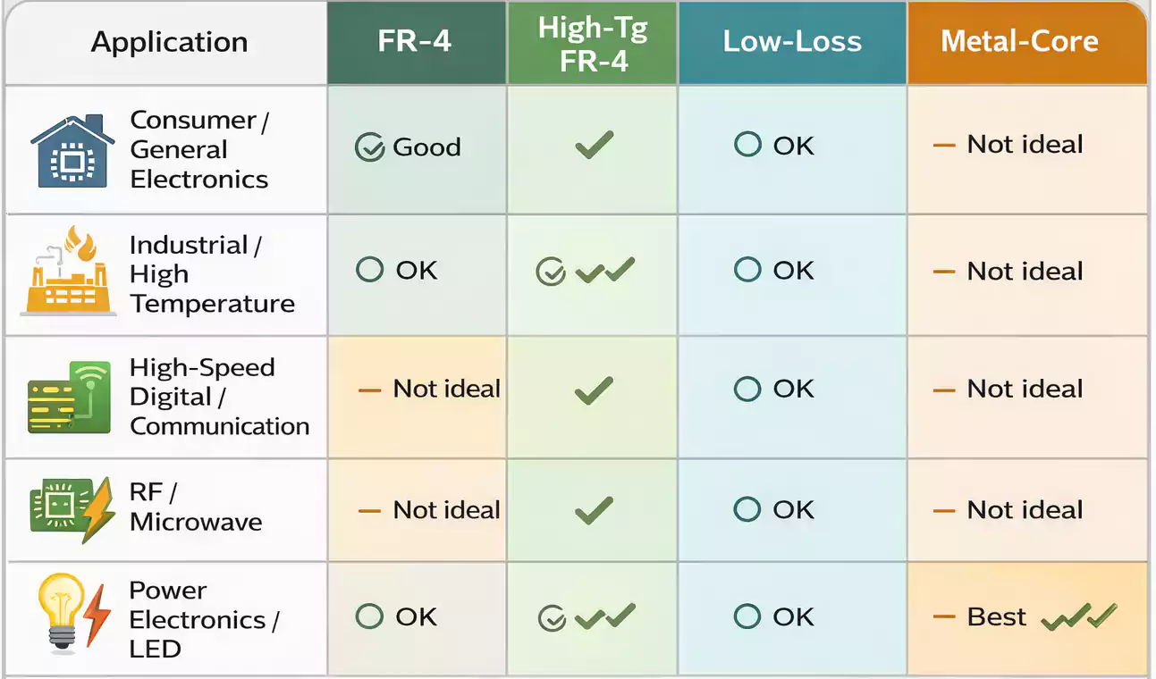 Matrix showing recommended PCB materials by application, comparing FR-4, High-Tg, low-loss and metal-core for consumer, industrial, high-speed, RF and power electronics.