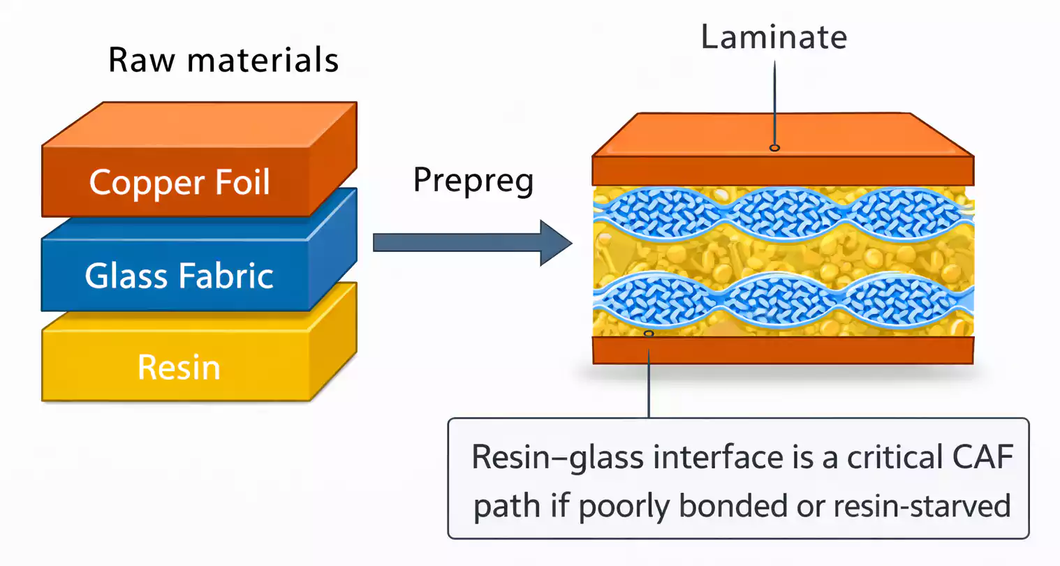 PCB laminate structure showing copper foil, glass fabric, and resin