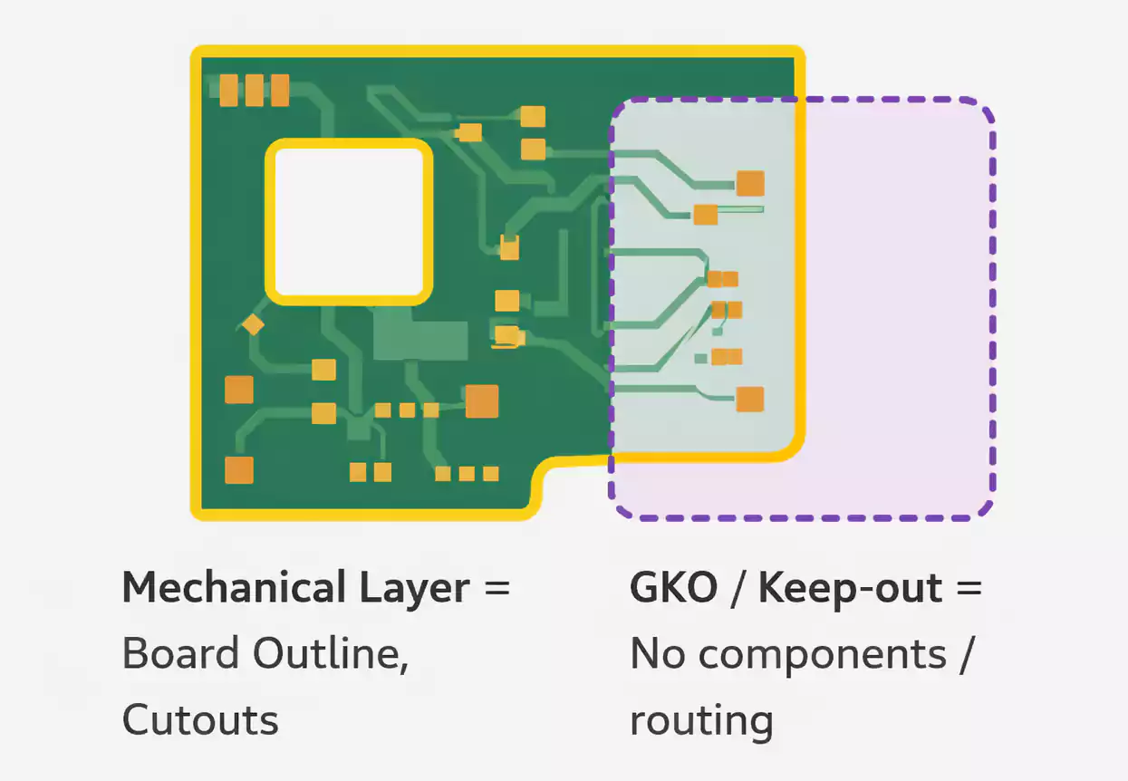 Mechanical layer board outline vs GKO keep-out area on PCB