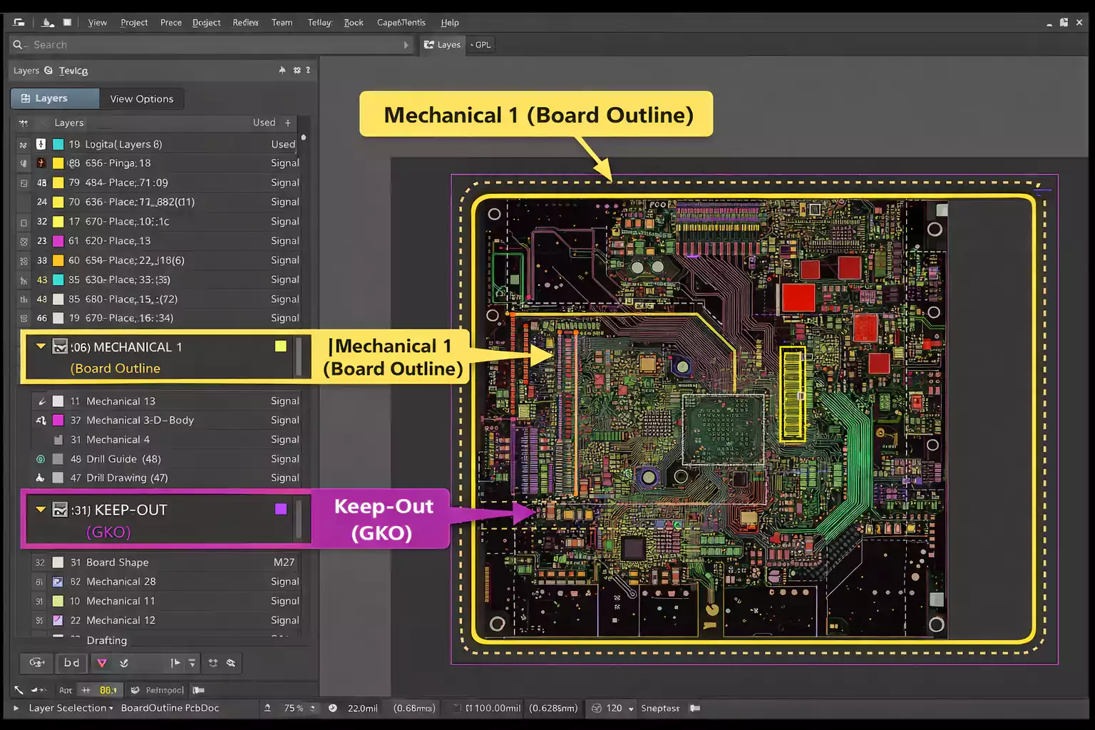 Altium view showing Mechanical 1 board outline and GKO keep-out layer