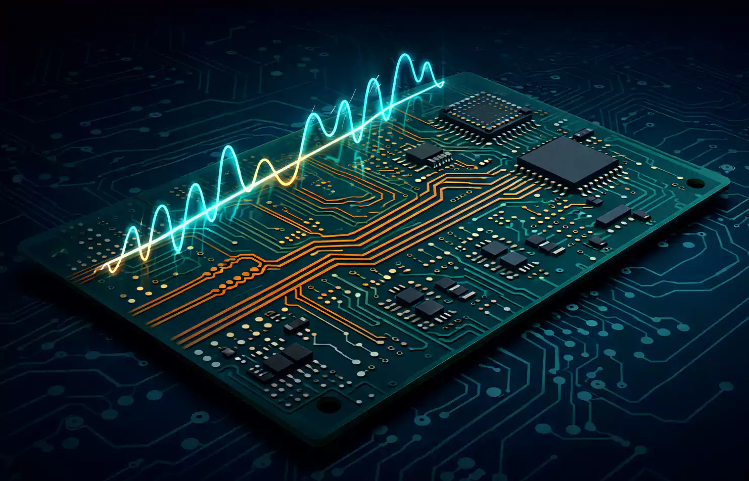 High-speed PCB with signal waveform illustrating fast digital signals on routed traces