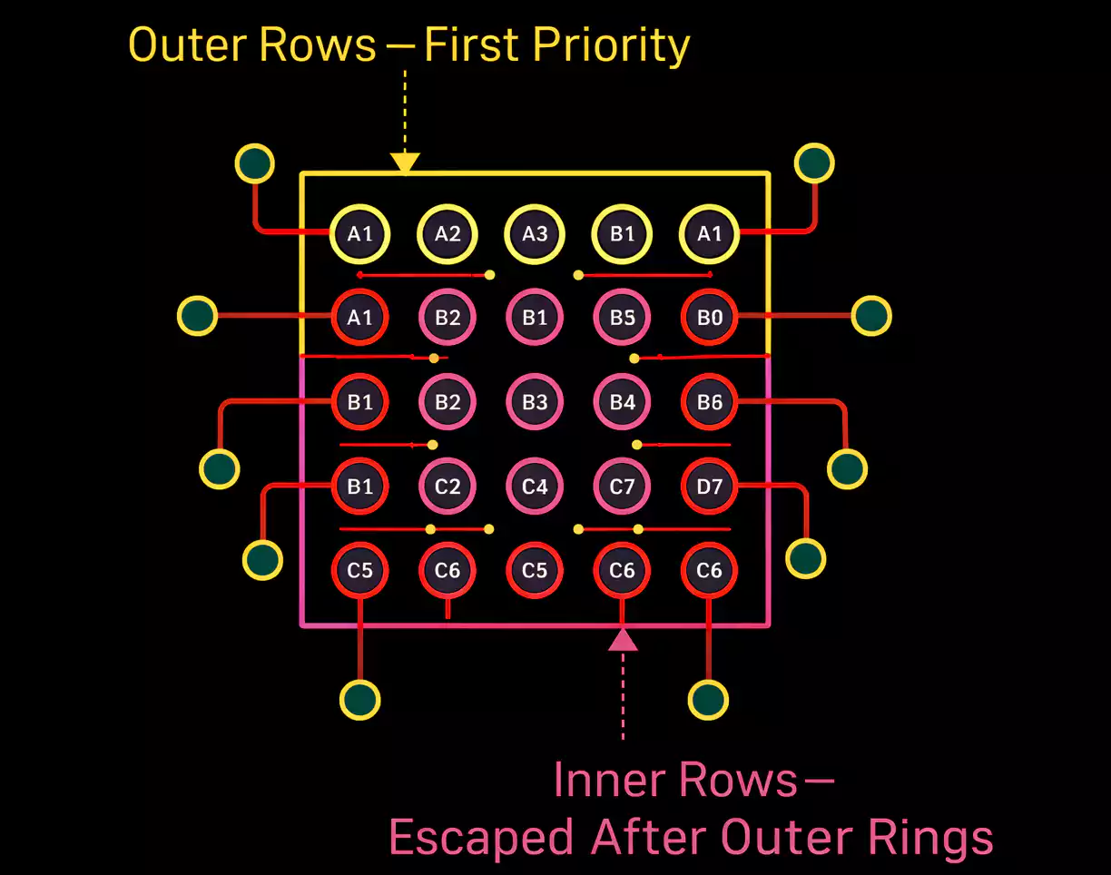BGA fanout pattern showing outer rows routed first and inner rows escaped later