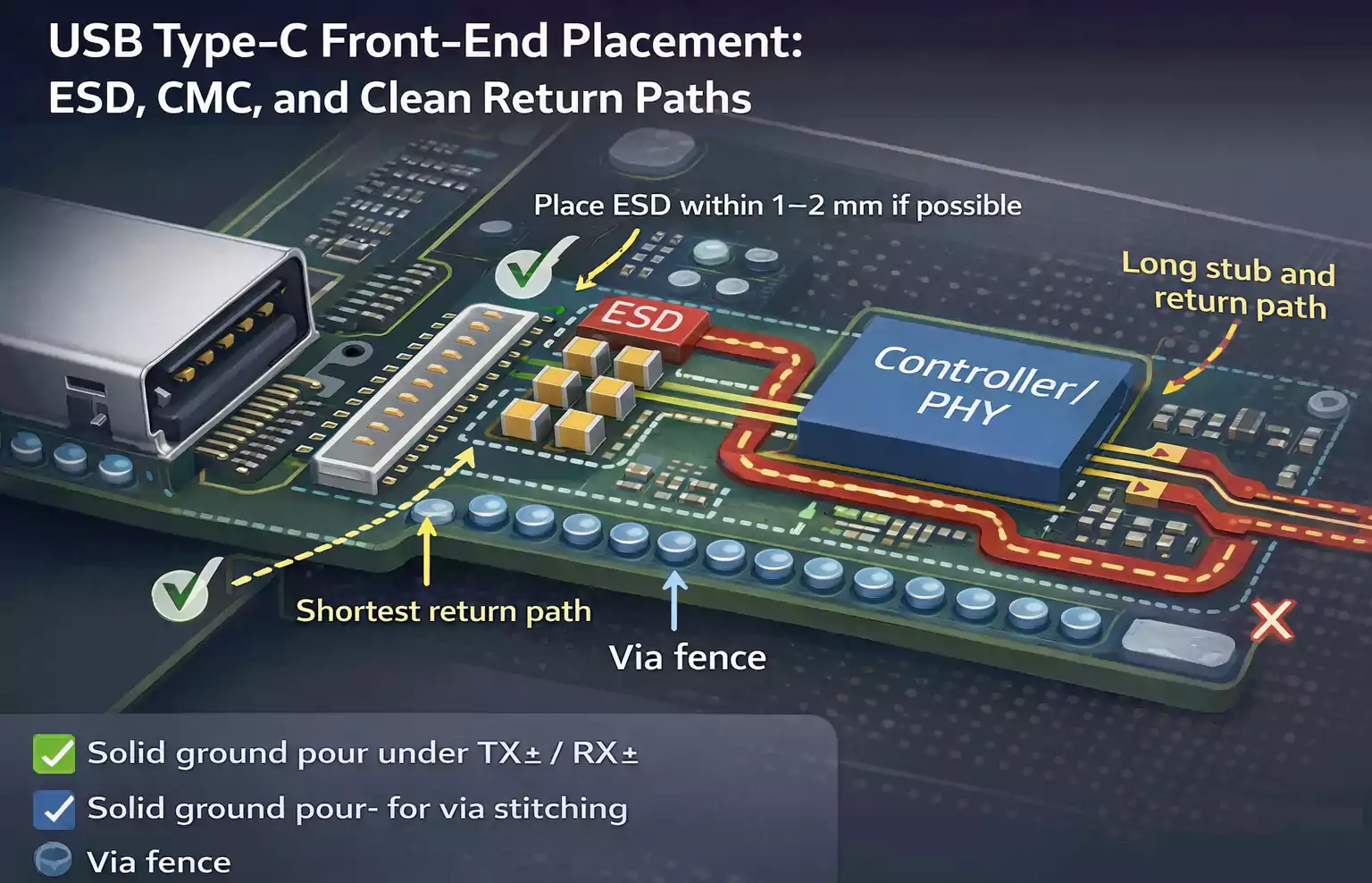 USB Type-C front-end placement showing ESD, common-mode choke, and return path