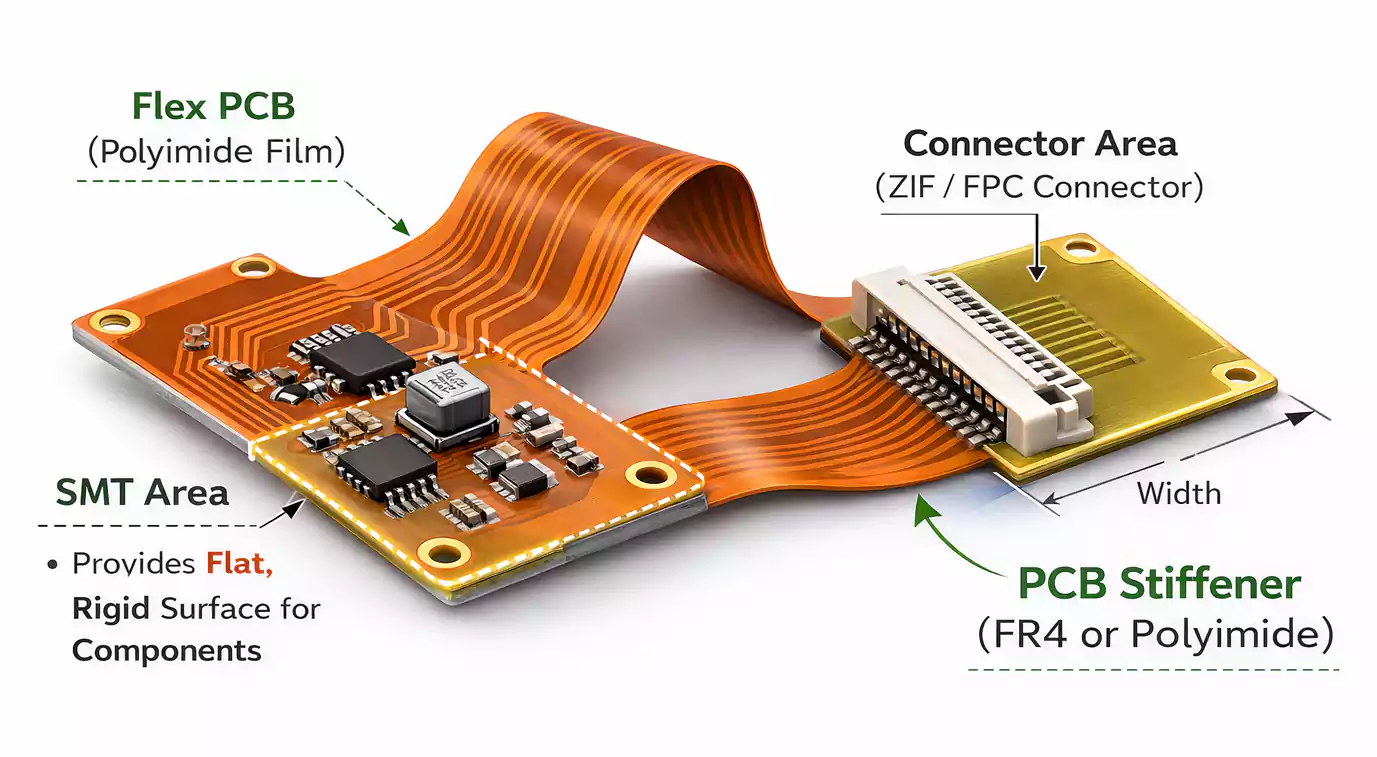 Flex PCB with a PCB stiffener in the connector area