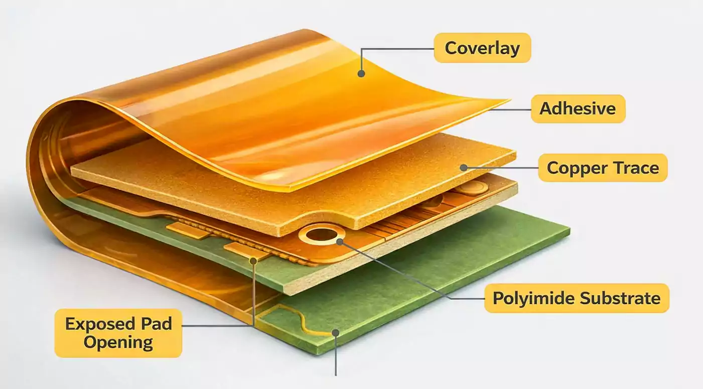 Flex PCB coverlay structure with adhesive copper trace and polyimide substrate