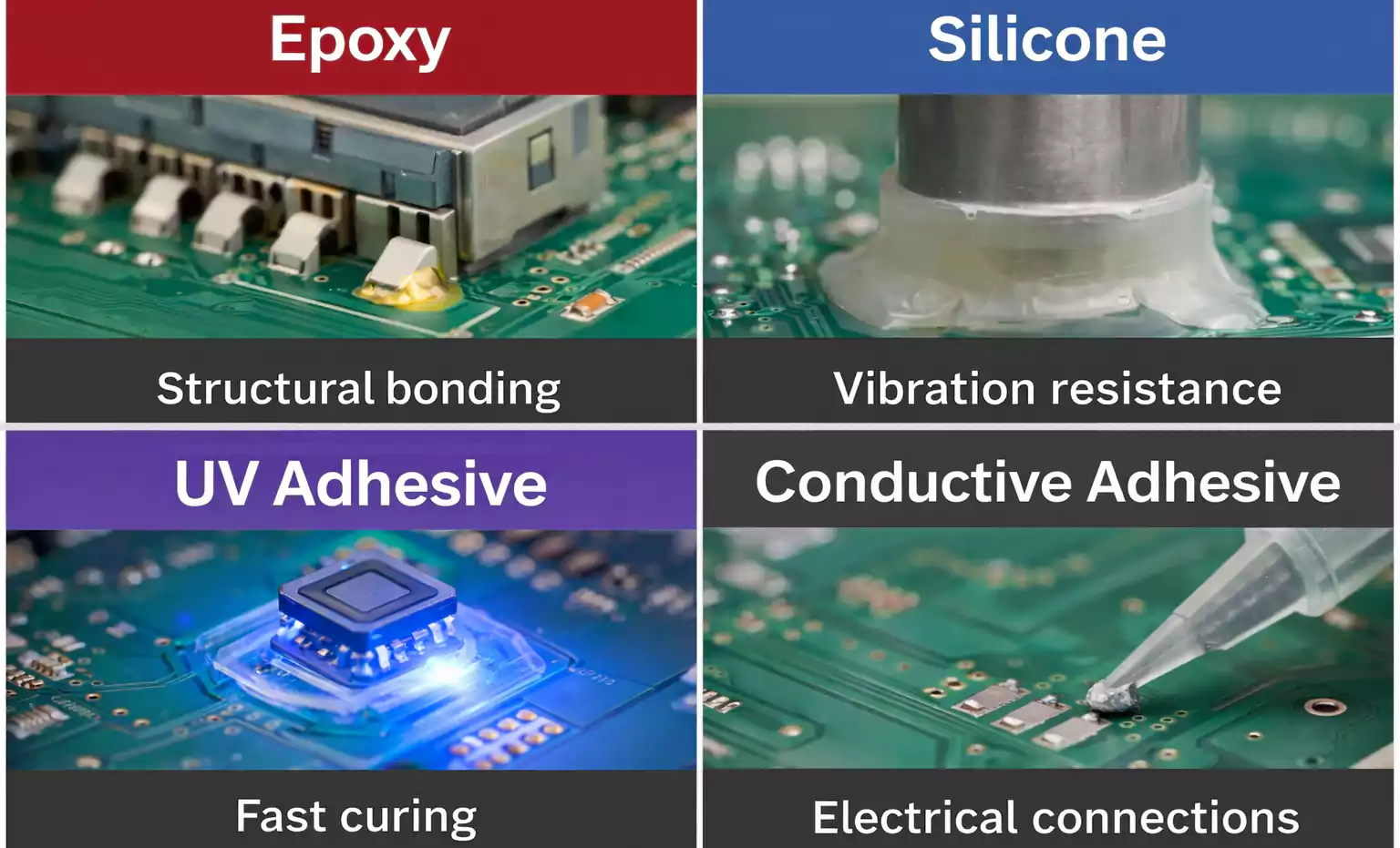 Comparison of epoxy silicone UV and conductive PCB adhesives