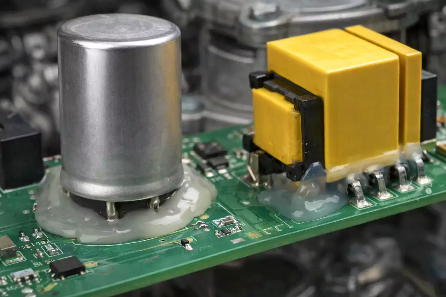 Silicone adhesive securing large PCB components