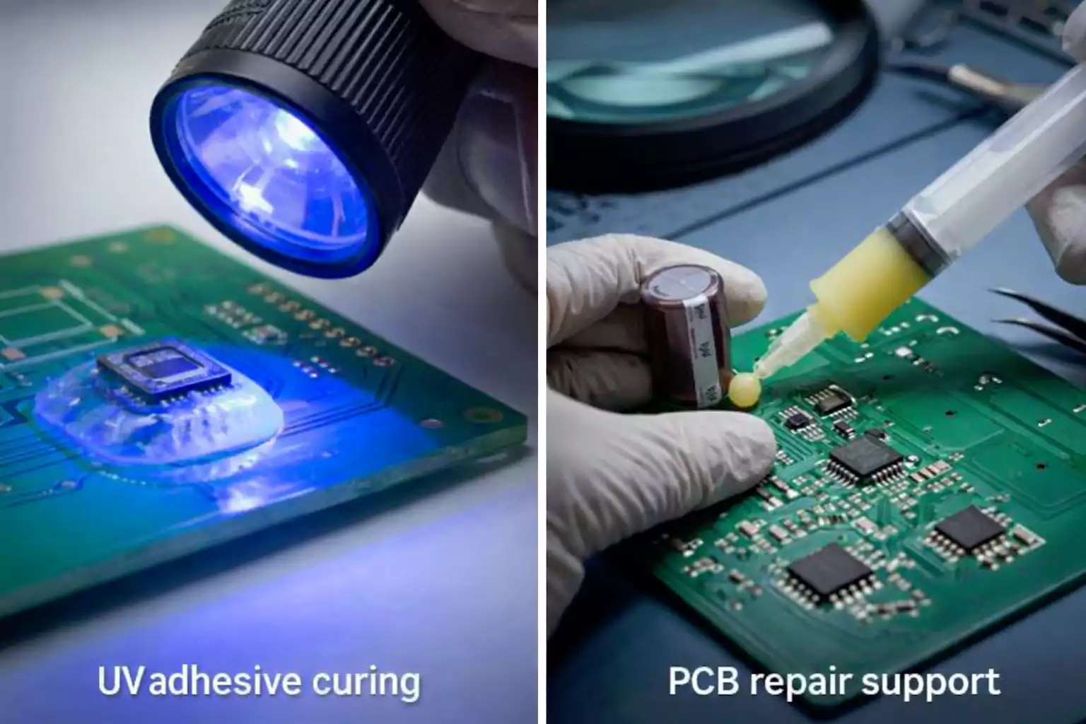 UV adhesive curing and PCB adhesive support