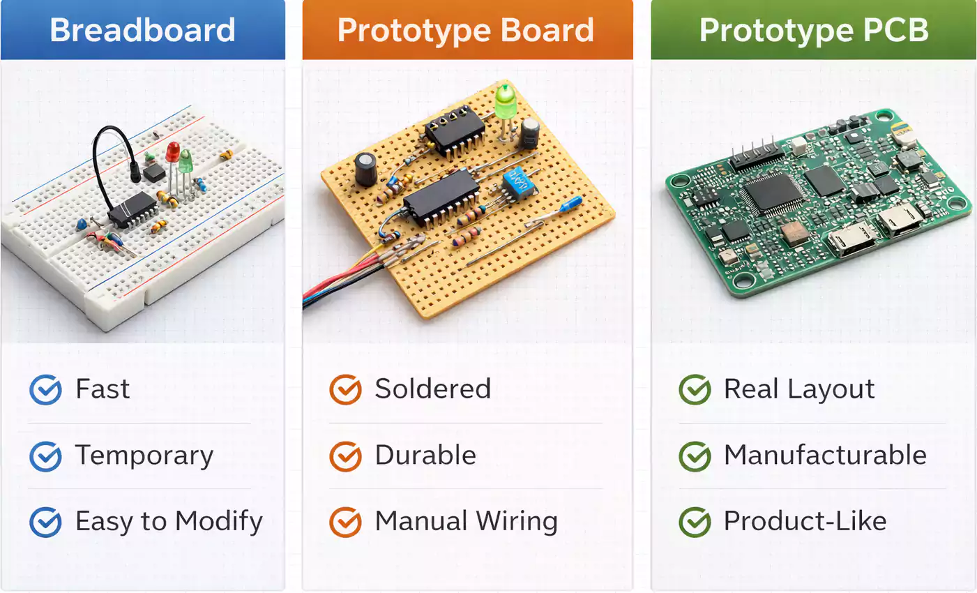 Breadboard vs prototype board vs prototype PCB