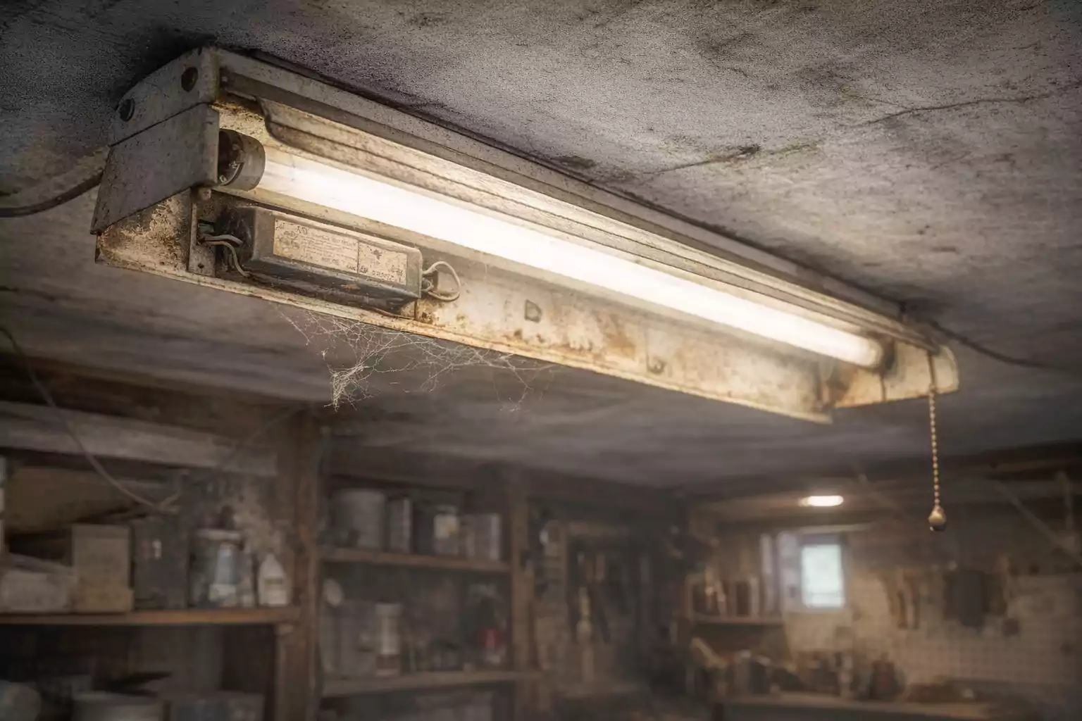 Old fluorescent light fixture with PCB Ballast in a garage